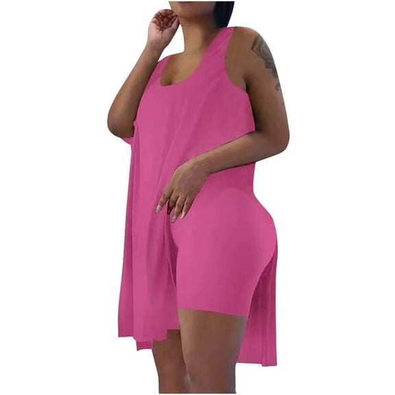 Njoeus Womens 2 Piece Outfits Sleeveless Tunic Tops Skinny Biker Shorts Sweatsuit Sets Tracksuits S-XXL