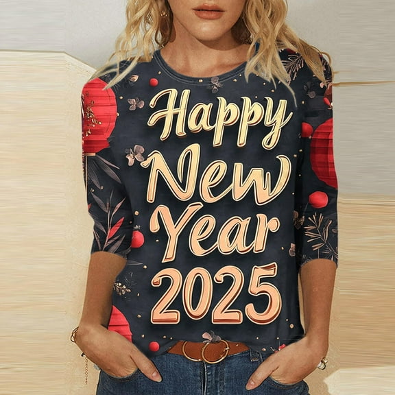 Njoeus Womens 2025 Happy New Year Shirts Colorful Letter Print Shirt 3/4 Sleeve Funny Graphic Tee Tops Red XL