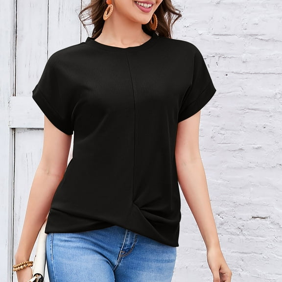Njoeus Womens Black Shirt White Blouses for Women Dressy Women's Short Sleeve Round Neck T Shirt Front Twisted Tunic Tops Casual Loose Fitted Comfy Blouse S-Xxl Work Office Clothes Women Summer Saving