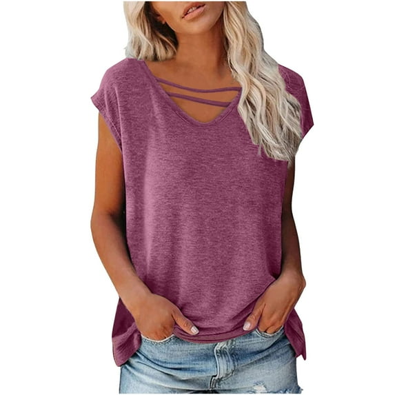 Njoeus Womens Cap Sleeve Tank Tops Casual Loose V Neck T Shirts Summer Blouse Basic Tee S-XXL