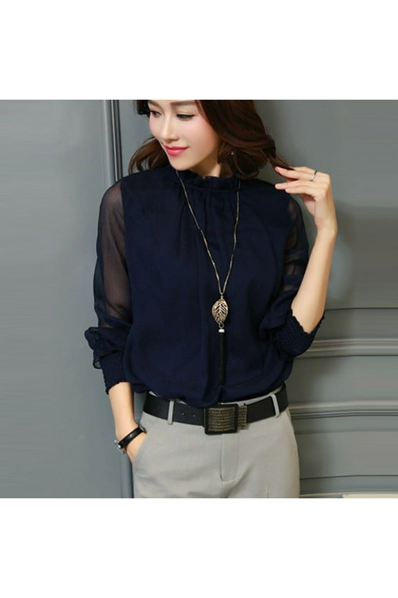 Womens Chiffon Blouses Ruffle Mock Neck Tops Mesh Long Sleeve Work Shirts Dressy Business Casual Tops for Women S-3XL