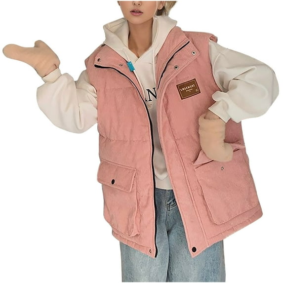 Njoeus Womens Corduroy Puffer Vests Zip Up Lightweight Sleeveless Vests Jacket Fall Winter Warm Thick Gilet Outerwear with Pockets