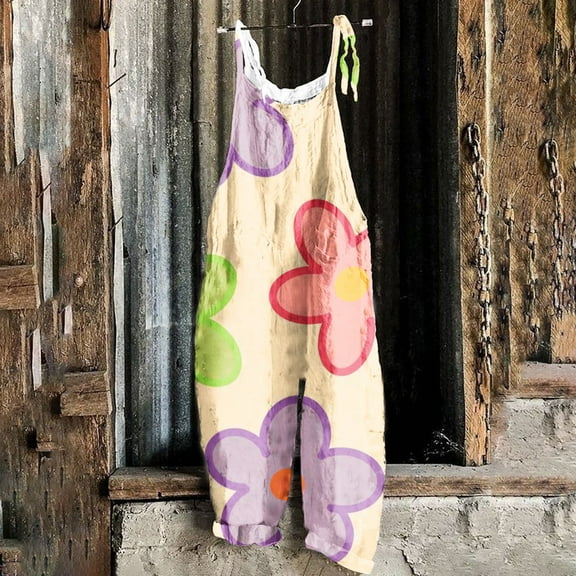 Njoeus Womens Cute Floral Print Jumpsuit Loose Sleeveless Jumpsuits for Women Baggy Spaghetti Strap Long Pant Romper with Pockets S-XXL