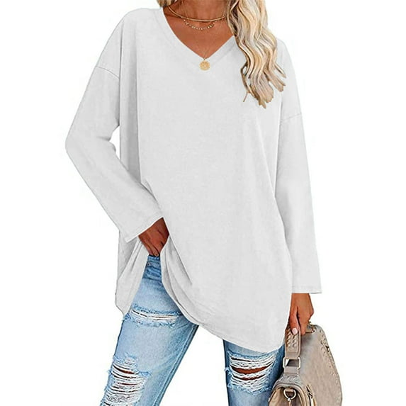 Njoeus Womens Dressy Tops and Blouses, Women Casual V-Neck Long Sleeve Tunic Tops Shoulder Drop T-Shirt Blouses