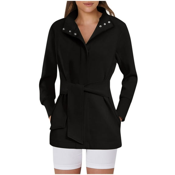 Njoeus Womens Fashion Long Sleeve Trench Coats Trendy Button Up Peacoat Belted Fall Jacket for Women Dressy Casual Outerwear with Pockets Black M