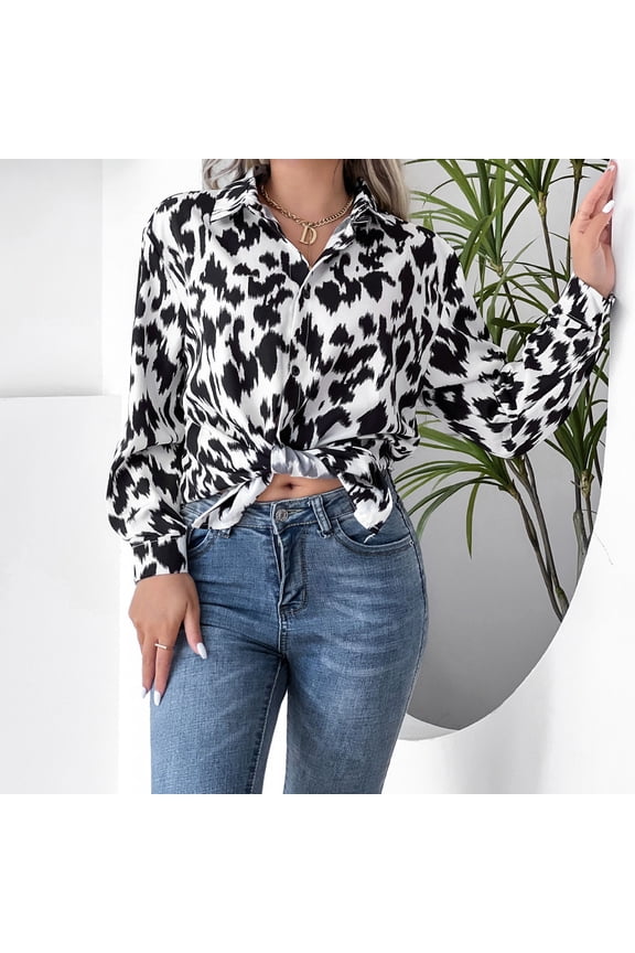Womens Holiday Tops, Women's Fashion Leopard Button Up Shirts Casual Long Sleeve T-Shirt Loose Blouse Office Work Tops