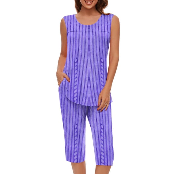 Njoeus Womens Lounge Sets 2 Piece Outfits, Soft Pjs Loungewear Sets Plus Size Fashion Women Round Neck Striped Sleeveless Tank Tops Capris Elastic Waist Pajama Sets Cute Pajama Sets for Women Clearanc