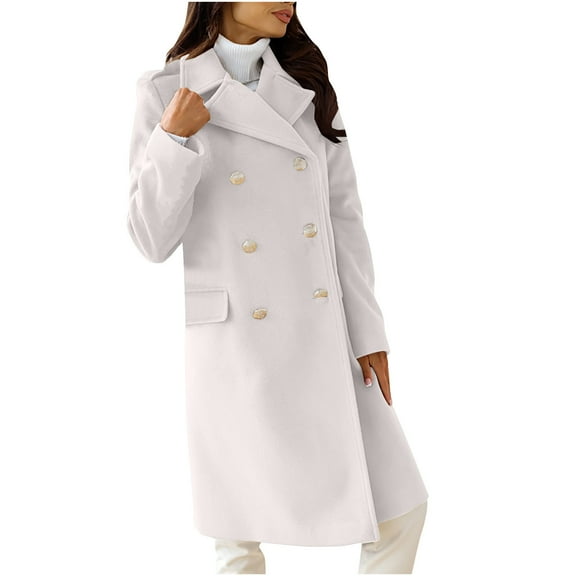 Njoeus Womens Notch Lapel Double Breasted Pea Coat Winter Mid-Long Woolen Trench Coat Elegant Warm Over Coat (S-3XL)