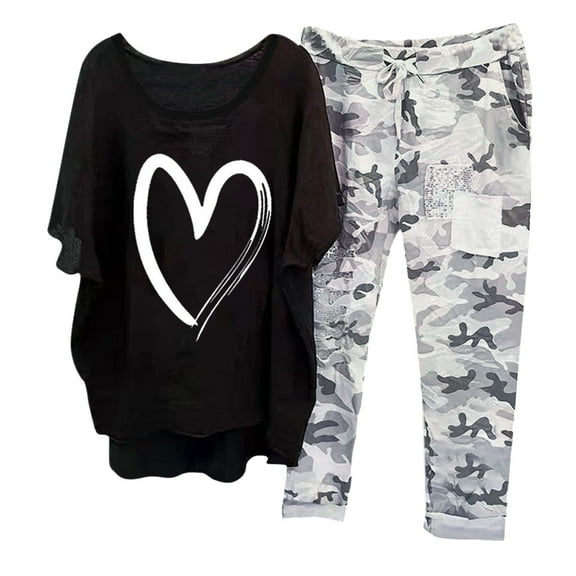 Njoeus Womens Pajama Sets, Pajamas for Women Women's Cotton Linen Lounge Set Love Print Short Sleeve Top Trackpjs Sets Wide Leg Pants Loungewear Summer Outfits S-5Xl Plus Size Matching Pajamas Fo