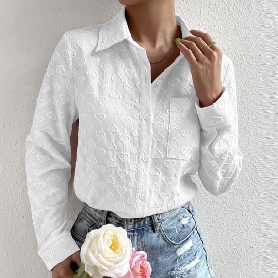 Njoeus Womens Plus Size Tops, Women's Plain Heart Valentine's Day Shirts Casual Lapel Button Up Long Sleeve Tee Shirts Blouses Tops