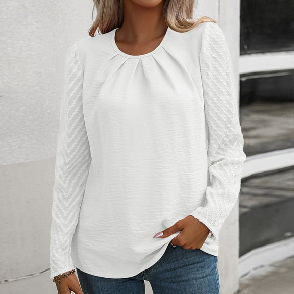 Njoeus Womens Shirts, Women's Pleated Crewneck Tunic Tops Casual Office Work Shirts Loose Mesh Long Sleeve Tees Pullover Dressy Blouse S-XXL