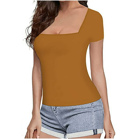 Njoeus Womens Short Sleeve Wide Neck T Shirts Slim-Fitted Basic Tee Tops Blouse