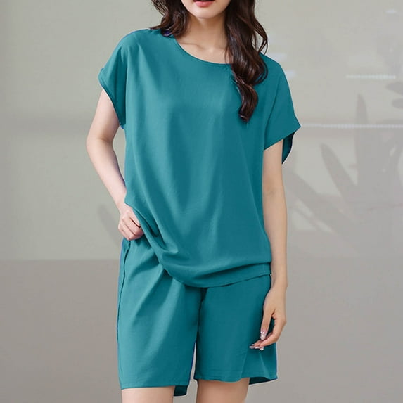 Njoeus Womens Sleepwear Women's Pajama Sets Women Solid Color Casual Crewneck Short Sleeve Shirt Fashion Shorts Sets Pajamas Suit Cute Sleepwear Savings Sky Blue XL