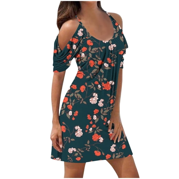 Njoeus Womens Summer Cold Shoulder Floral Flowy T-Shirt Dress Short Sleeve Casual Tunic Tank Sundress S-3XL