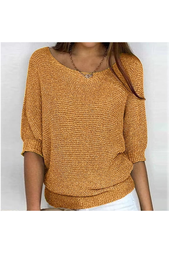 Womens Summer Fall Sweaters Tops Round Neck 3/4 Sleeve Cable Knit Shirts Lightweight Comfy Beach Sweater Pullover Top S-5XL （Available in Plus Size)