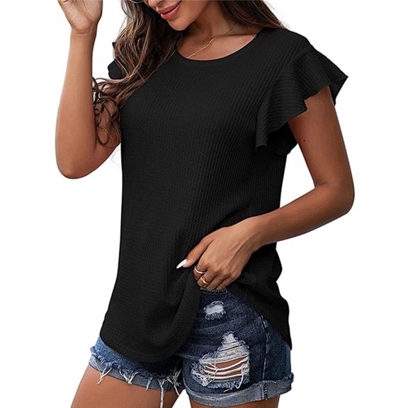 Njoeus Womens Summer Ruffle Sleeve Knit Shirts Loose Casual Round Neck Tunic Tops for Women Trendy Comfy Blouses Solid Cute Tee S-XXL
