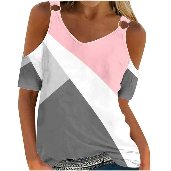 Njoeus Womens Summer Shirts V Neck Cold Shoulder Tops for Women Casual T Shirts Women Short Sleeve Tops Color Block Tees Blouse Trendy S-3XL