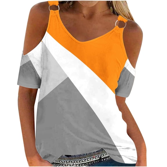 Njoeus Womens Summer Shirts V Neck Cold Shoulder Tops for Women Casual T Shirts Women Short Sleeve Tops Color Block Tees Blouse Trendy S-3XL