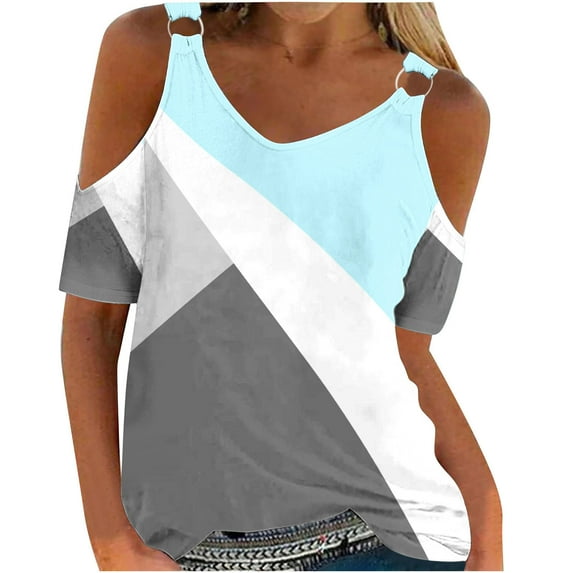 Njoeus Womens Summer Shirts V Neck Cold Shoulder Tops for Women Casual T Shirts Women Short Sleeve Tops Color Block Tees Blouse Trendy S-3XL