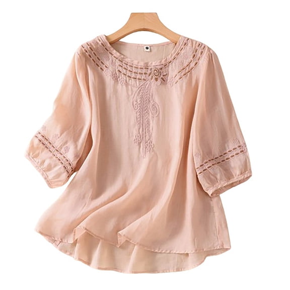 Njoeus Womens Summer Tops Basic Tees for Women Linen Shirts for Women, Women's Cotton Linen Embroidery Round Neck Short Sleeve Lantern Sleeve Cardigan Cotton Linen Tee Shirts for Women Plus Size On Cl