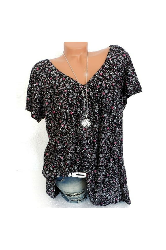 Gyedtr Womens Summer Tops Business Casual Tops for Women Women Plus Size Tops Short Sleeve T-Shirt V-Neck Boho Tops Floral Casual Blouse Pullover Tops S-5Xl (Polyester) Up To 60% Off On