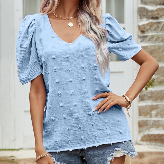 Njoeus Womens Summer Tops Casual V Neck T Shirts Loose Puff Short Sleeve Tops Ladies Dressy Pompom Comfy Blouses