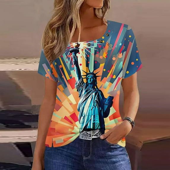 Njoeus Womens Summer Tops Custom T Shirts Usa Flag Graphic Tees for Women Patriotic Shirts for Women Short Sleeve Tshirts American Flag Shirts Summer Casual Tee Tops S-3Xl T-Shirts & Graphic Tees Summ