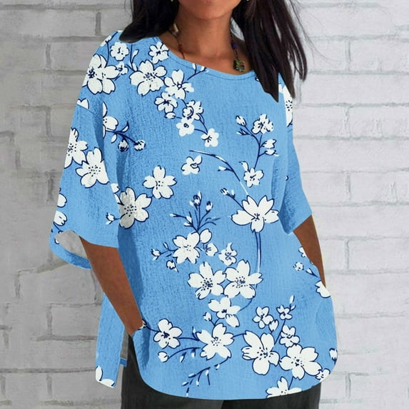 Njoeus Womens Summer Tops Going Out Tops for Women Linen Shirts for Women, Women's Ladies Fashion Casual Cropped 3/4 Sleeve Printing Cotton Loose Shirt Blouse Top Shirts Under $10 On Clearance