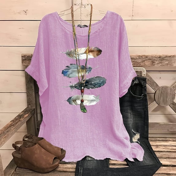 Njoeus Womens Summer Tops Graphic Tees for Women Linen Shirts for Women, Women's Fashion Print Tees Casual Crew Neck Raglan Short Sleeve Loose T Shirt Cotton Linen Tops Blouses White Blouses for Women