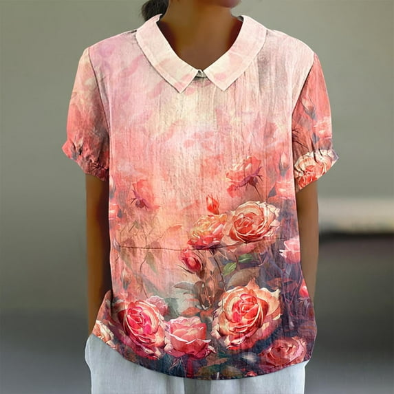 Njoeus Womens Summer Tops Hawaiian Shirts for Women Linen Shirts for Women, Women's Casual Retro Style Casual Printed Short Sleeve Blouse V-Sleeve Blouse/Shirt Sexy Tops for Women On Clearance