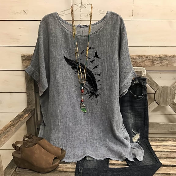 Njoeus Womens Summer Tops Hawaiian Shirts for Women Linen Shirts for Women, Women's Fashion Print Tees Casual Crew Neck Raglan Short Sleeve Loose T Shirt Cotton Linen Tops Blouses T Shirts for Women G
