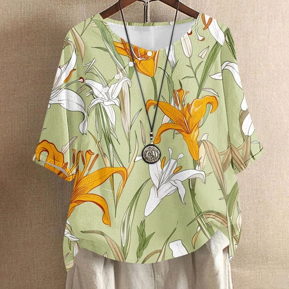 Njoeus Womens Summer Tops Hawaiian Shirts for Women Linen Shirts for Women, Women's Ladies Fashion Casual Cropped Short Sleeve Printing Cotton Loose Shirt Blouse Top Womens Blouses On Clearance
