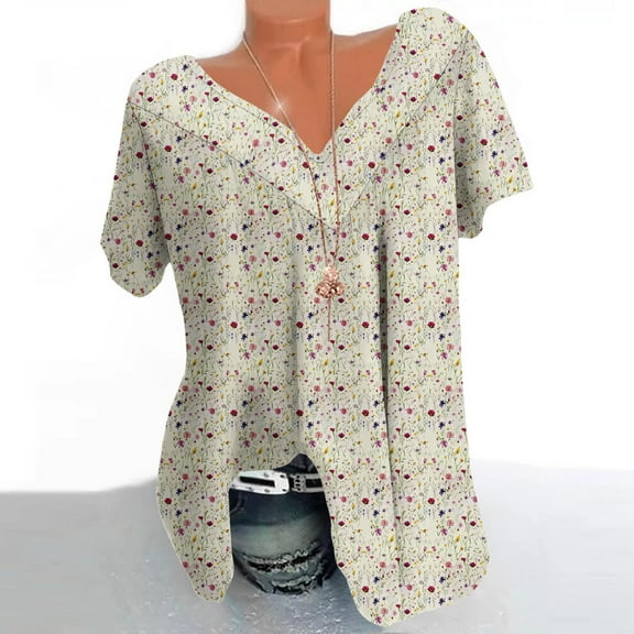 Njoeus Womens Summer Tops Shirts for Women Womens Summer Tops Casual Short Sleeve Tunic Tops for Women Trendy 2024 V Neck Plus Size Loose Fitted Flowy T-Shirts S-5Xl Business Casual Outfits for Women