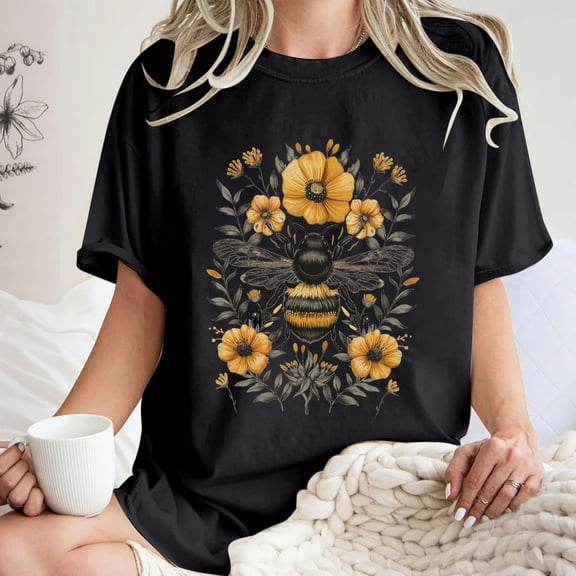 Njoeus Womens Summer Tops T Shirts for Women Women's Summer Floral T Shirt Cute Bee Graphic Tee Loose Crew Neck Tees Short Sleeve Casual Tops Flowers Print Blouse S-Xxl Women Shirt Plus Size Shirt On
