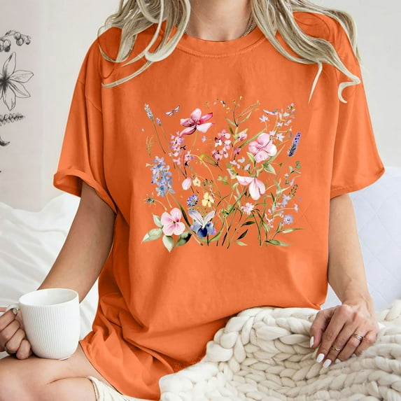 Njoeus Womens Summer Tops Tshirts Shirts for Women Women's Cute Summer Tops Casual Crewneck Short Sleeve T-Shirt Floral Print Oversized Graphic Tees Loose Top T-Shirt S-Xxl White Blouse for Women Summ