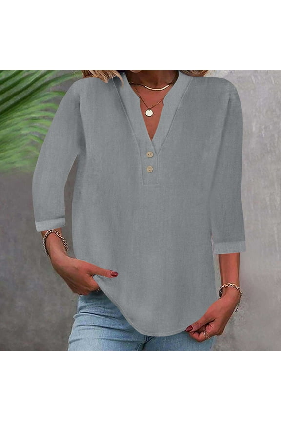 Womens Summer Tops Tshirts Shirts for Women Womens 3/4 Sleeve Top Button Henleys V Neck Tunic Casual Loose Fitted Blouse Solid Color Tshirt Women Three Quarter Length Sleeve T-Shirts 2025 Summe