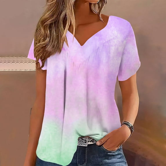 Njoeus Womens Summer Tops White Tops for Women Women Plus Size Tops Short Sleeves V-Neck Tie Dyed Rainbows Print Tunics Blouse Pullover Tops Short Sleeve Tshirt S-5Xl Work Office Clothes Women Summer