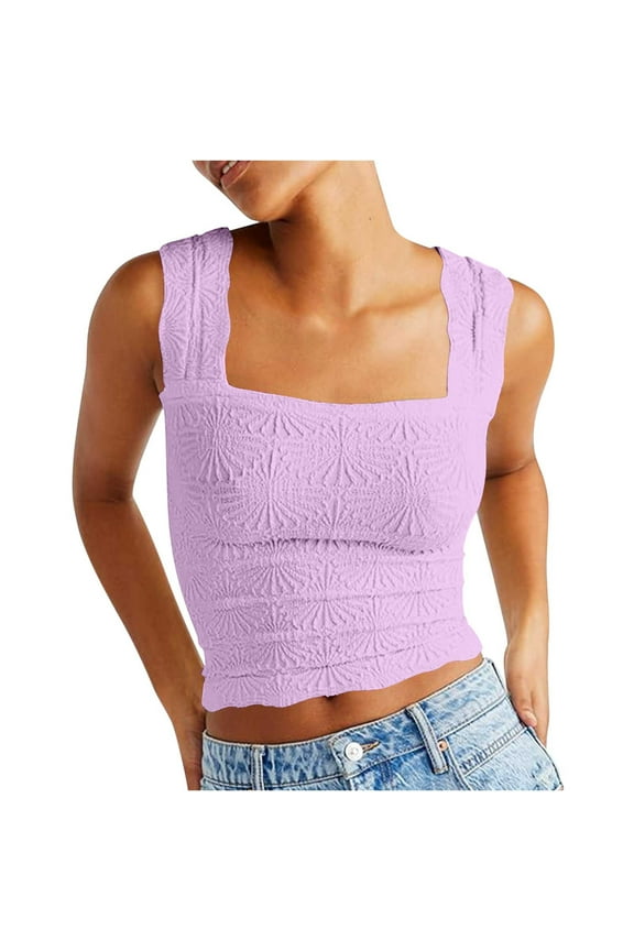 Womens Summer Tops Womens Tops Dressy Casual Womens Summer Tank Tops Square Neck Crop Tops Cute Solid Flowers Going Out Tops Slim Fitted Crop Camisole Wide Straps Sleeveless Shirts S-Xxl Summer