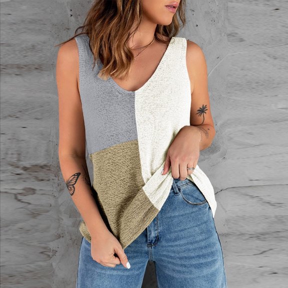Njoeus Womens Tank Top Loose Fitted Summer Knit Basic Tunic Tops for Women V-Neck Cute Colorblock Sleeveless Shirts Workout Tops S-XXL