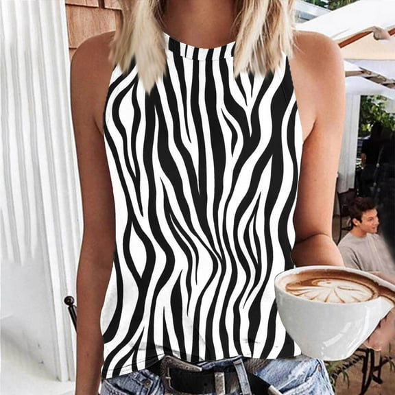 Njoeus Womens Tank Top Summer Zebra Stripe Sleeveless T-Shirt Work Casual Business Round Neck Sleeveless Tank Top