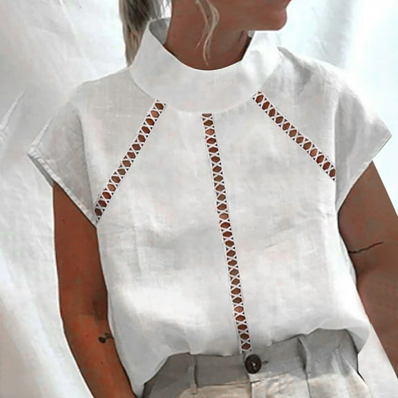 Njoeus Womens Tops, Black T Shirts women's Mock Neck Cotton Linen Shirts Crochet Eyelet Tunic Tops Short Sleeve Summer Casual Shirts Blouses S-4XL （Available In Plus Size)