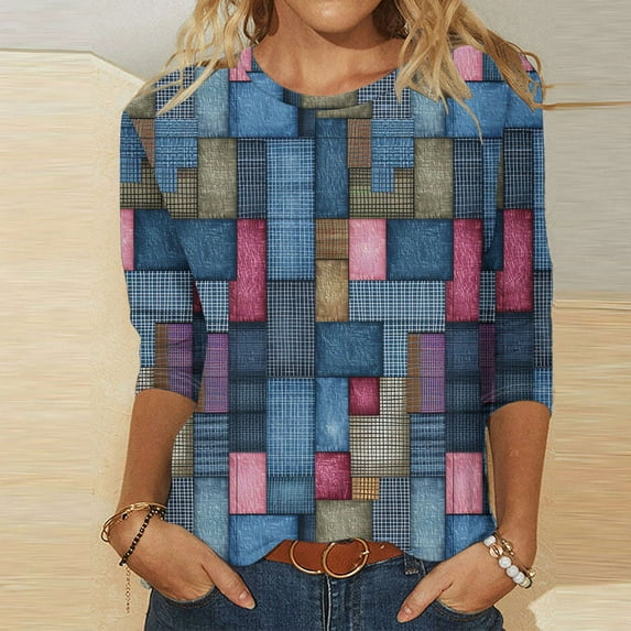 Njoeus Womens Tops Custom T Shirts 3/4 Length Sleeve Tops for Women Loose Fitted Crewneck T Shirts Graphic Print Cute Tops Three Quarter Length Pullover Tunic Blouses for Women Dressy Casual Oversized