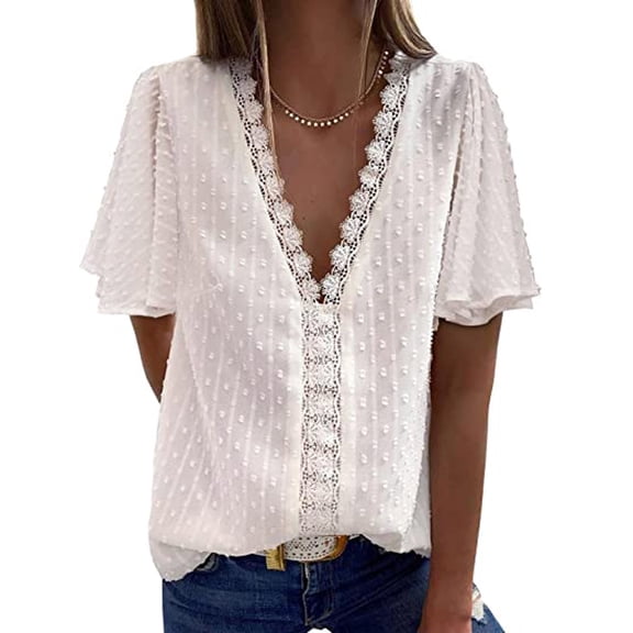 Njoeus Womens Tops Lace V Neck Short Sleeve T-Shirt Summer Chiffon Blouses Dressy Casual Pompoms Shirts S-XXL