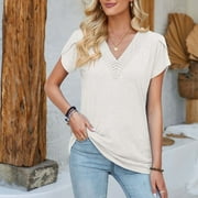 Njoeus Womens Tops Retro V Neck T Shirts Summer Ruffle Short Sleeve Shirt Business Casual Tops Tunic Blouses for Women S-XXL