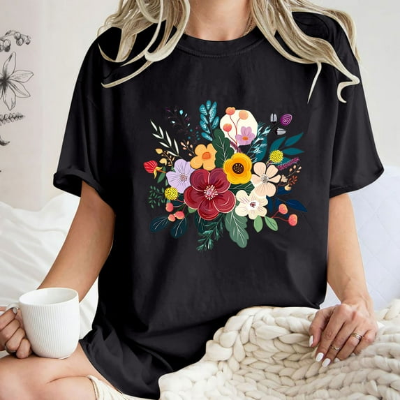 Njoeus Womens Tops Shirts for Women Women's Cute Summer Tops Casual Crewneck Short Sleeve T-Shirt Floral Print Oversized Graphic Tees Loose Top T-Shirt S-Xxl Womens Summer Outfits On Clearance