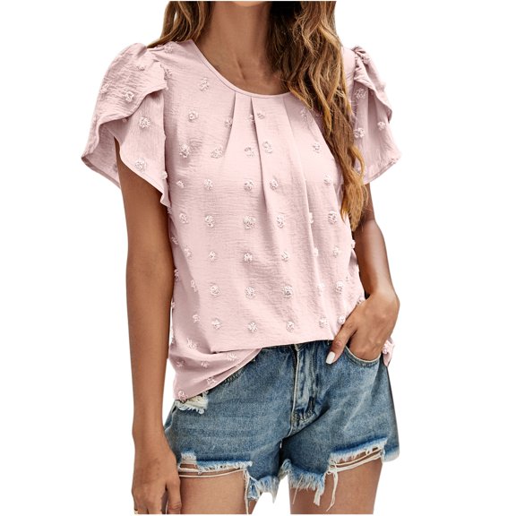 Njoeus Womens Tops Summer Dressy Blouse Casual Round Neck Ruffle Short Sleeve Pom Shirts Top S-XL