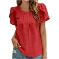 thumbnail image 1 of Njoeus Womens Tops Summer Dressy Blouse Casual Round Neck Ruffle Short Sleeve Pom Shirts Top S-XL, 1 of 8