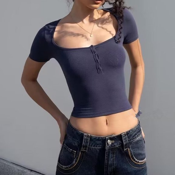 Njoeus Womens Tops Summer Short Sleeve T-Shirt Plain Tight Crop Top Scoop Neck Basic Tee Camisole Tops for Women