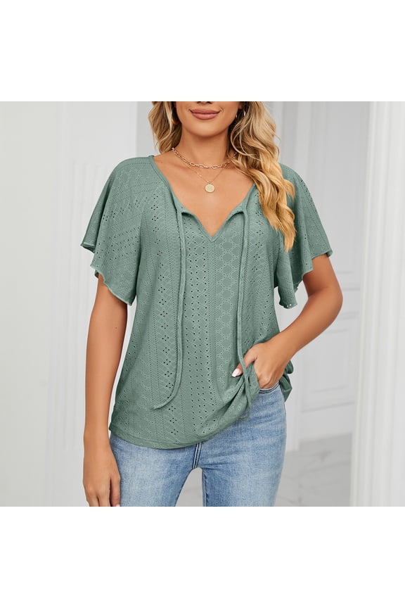 Womens Tops Summer Tie V Neck T-Shirts Casual Ruffle Short Sleeve Tops for Women Trendy Eyelet Loose Blouses S-XXL