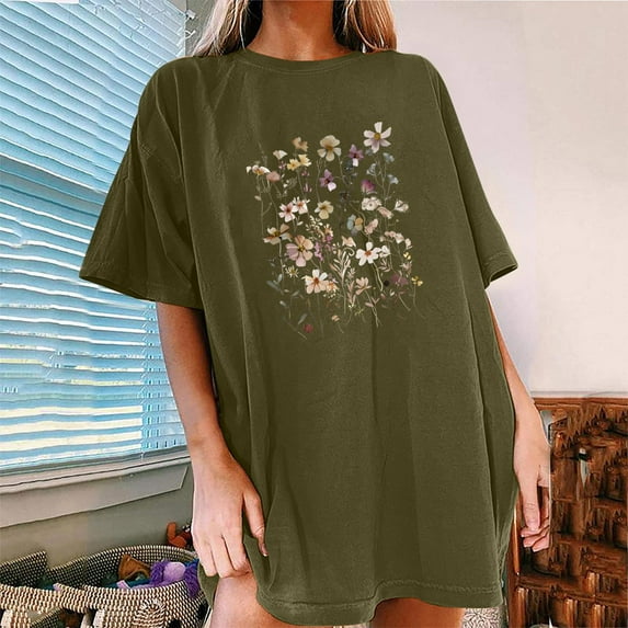 Njoeus Womens Tops Tshirts Shirts for Women Oversized Tshirts for Women Summer Floral Printed T Shirt Cute Flower Graphic Tees for Women Girls Loose Fitted Crew Neck Short Sleeve Casual Tunic Tops S-X